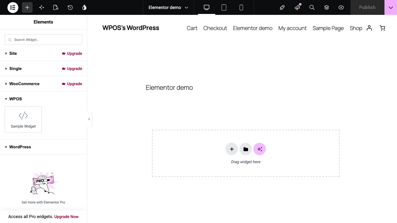 The Elementor editor widget panel showing a WPOS category with a widget, alongside Elementor's own categories.