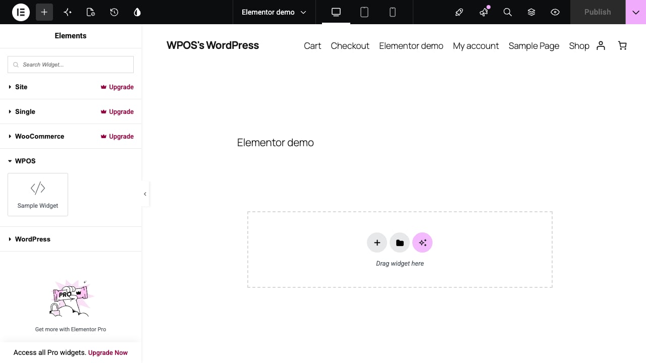 The Elementor editor widget panel showing a WPOS category with a widget, alongside Elementor's own categories.