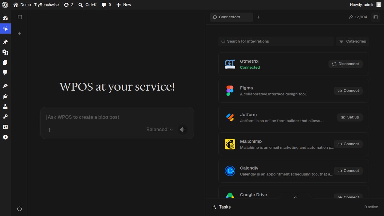 The WPOS Connectors surface listing tools like Gtmetrix (connected), Figma, Jotform, Mailchimp, and Calendly with connect controls.