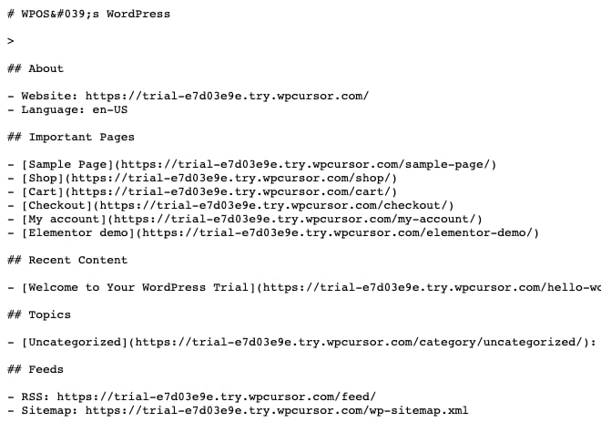 An llms.txt file served by a WPOS site, listing the site's about, important pages, recent content, topics, and feeds.