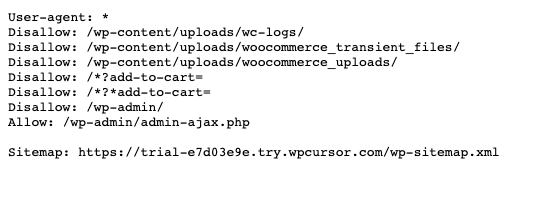 A robots.txt file served by a WPOS site, with disallow rules for admin and WooCommerce paths and a sitemap reference.
