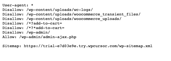 A robots.txt file served by a WPOS site, with disallow rules for admin and WooCommerce paths and a sitemap reference.