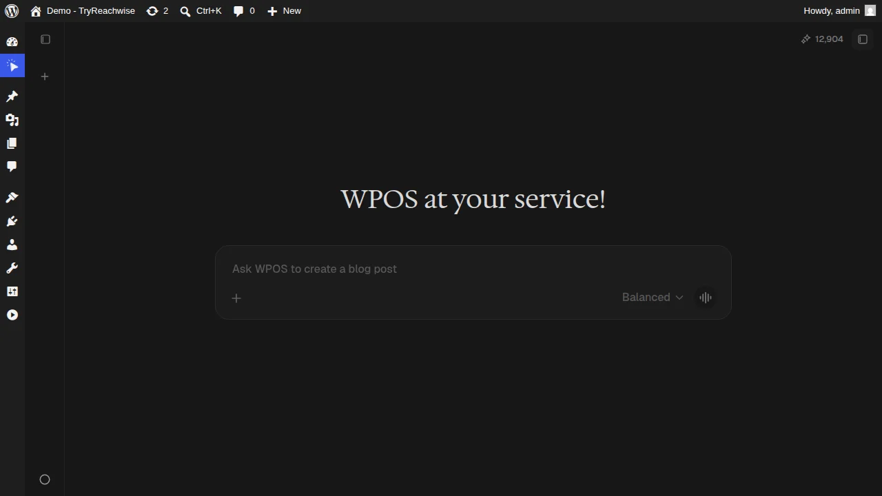 The WPOS chat in the Command Center with the mode dropdown, attach, and voice input controls.