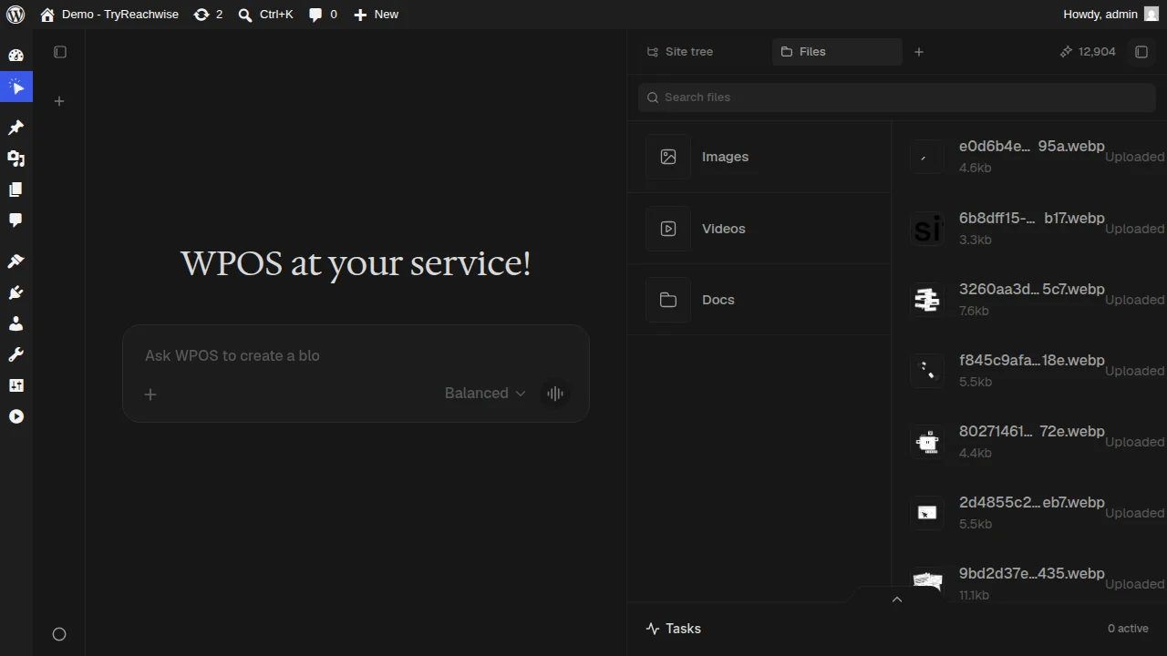 The WPOS Files surface showing Images, Videos, and Docs categories alongside a list of uploaded assets.