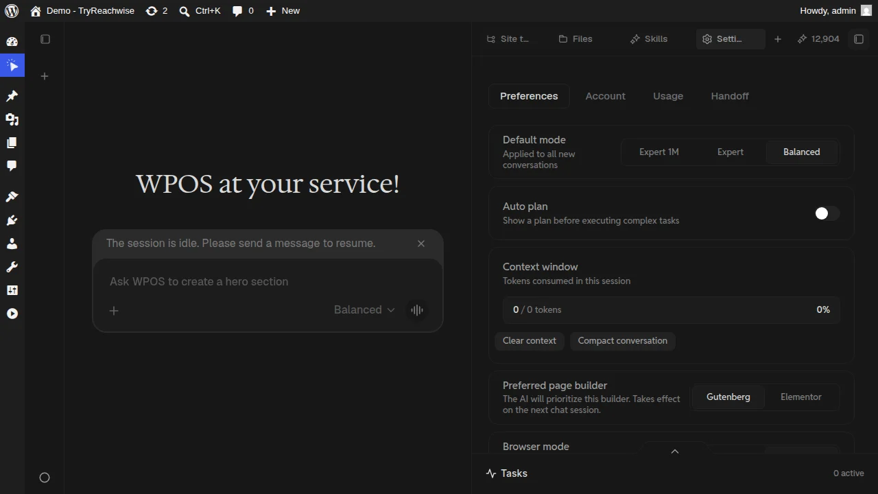 The WPOS Settings surface showing default mode, auto plan toggle, context window, and preferred page builder options.