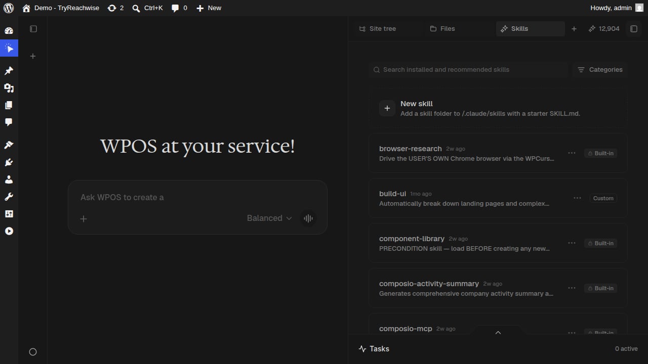 The WPOS Skills surface listing installed skills with Built-in and Custom badges, search, and a New skill option.