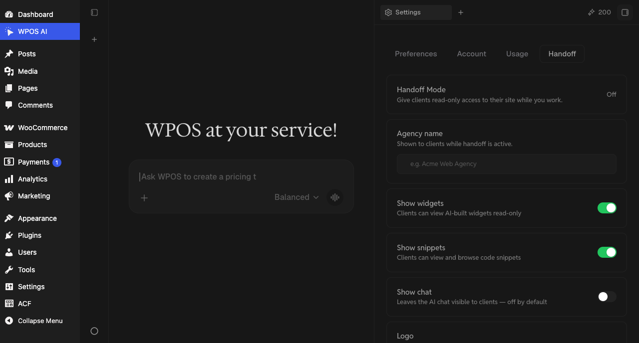 The WPOS Handoff settings tab with the handoff mode toggle, agency name field, and show widgets, snippets, and chat controls.