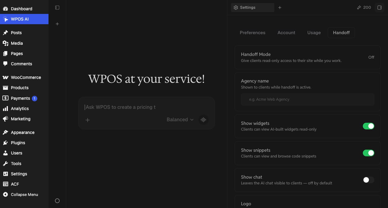 The WPOS Handoff settings tab with the handoff mode toggle, agency name field, and show widgets, snippets, and chat controls.