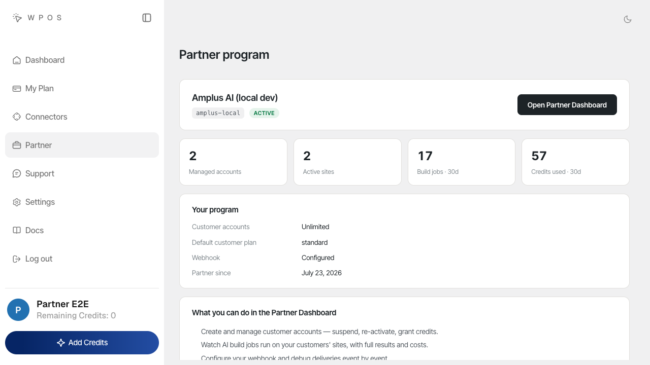 Partner section in the WPOS user dashboard