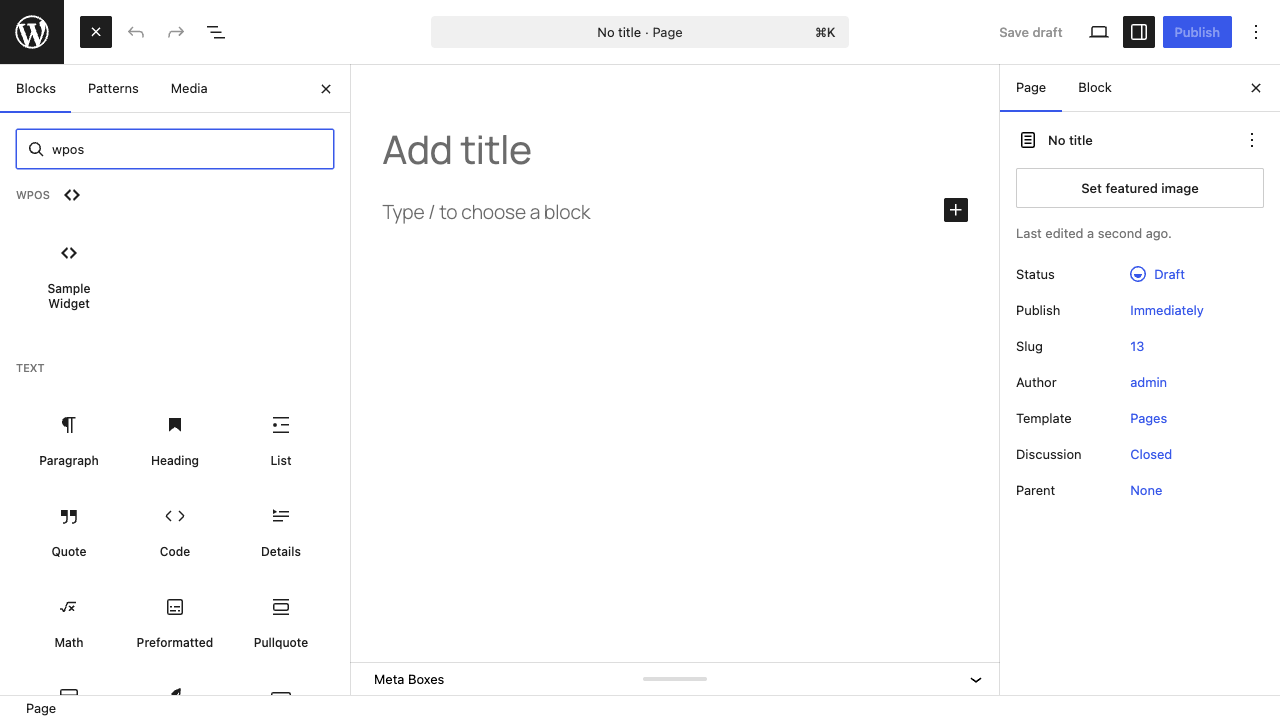 The Gutenberg block inserter searched for WPOS, showing a WPOS category with a widget block.