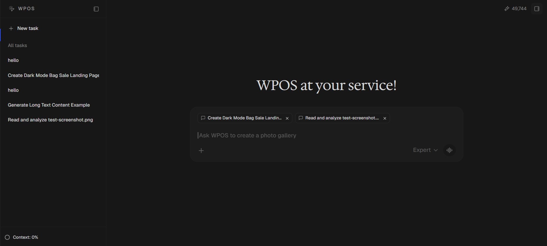 The WPOS Command Center on a new task with the WPOS at your service! greeting. The sidebar shows New task above the All tasks list, with Context: 0% at the bottom. The chat box carries two task chips, Create Dark Mode Bag Sale Landing Page and Read and analyze test-screenshot.png, each with an x to remove it, above the message field and the Expert mode picker.