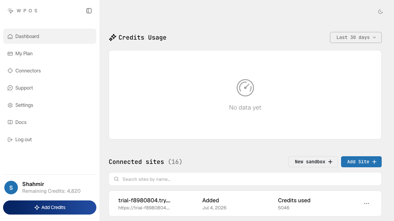 The WPOS Workspace dashboard with a credits usage chart and a list of connected sites.
