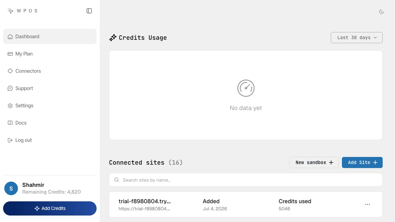 The WPOS Workspace dashboard with a credits usage chart and a list of connected sites.