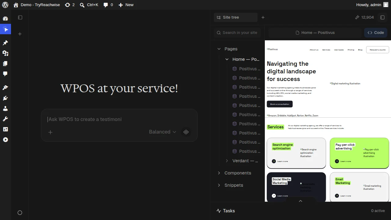 The WPOS Site tree showing Pages, Components, and Snippets, with the selected page rendered in the live preview.