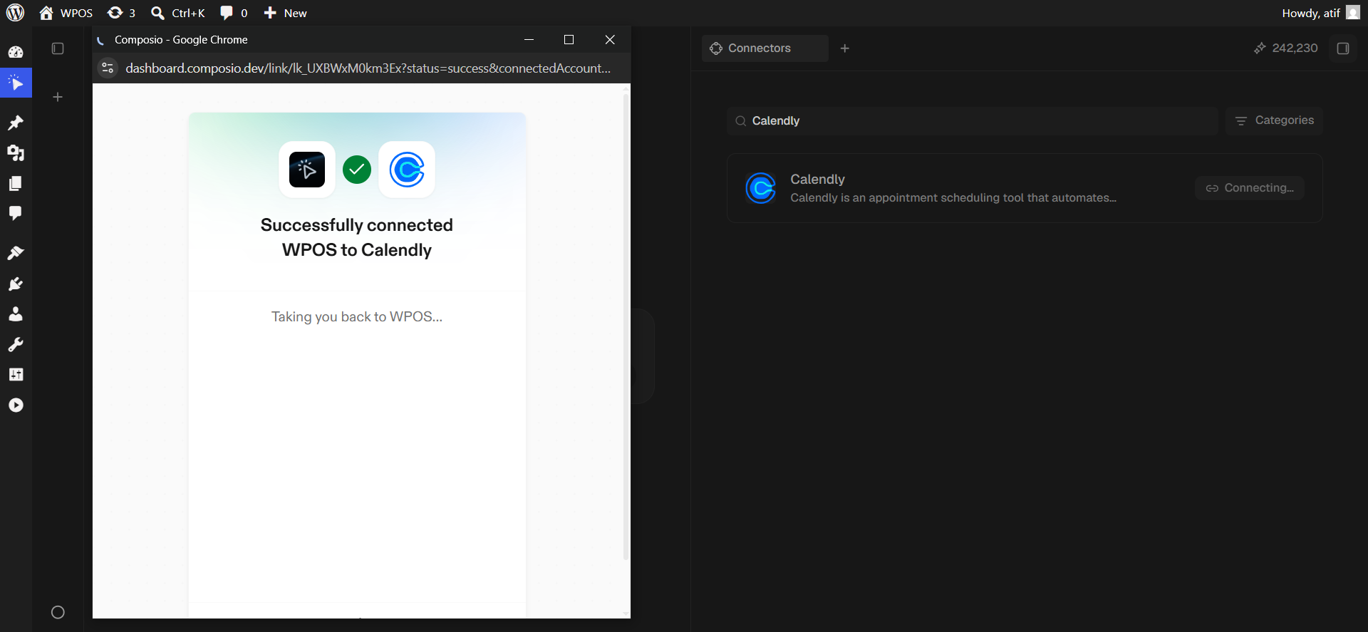 The Composio success page confirming WPOS is connected to Calendly.