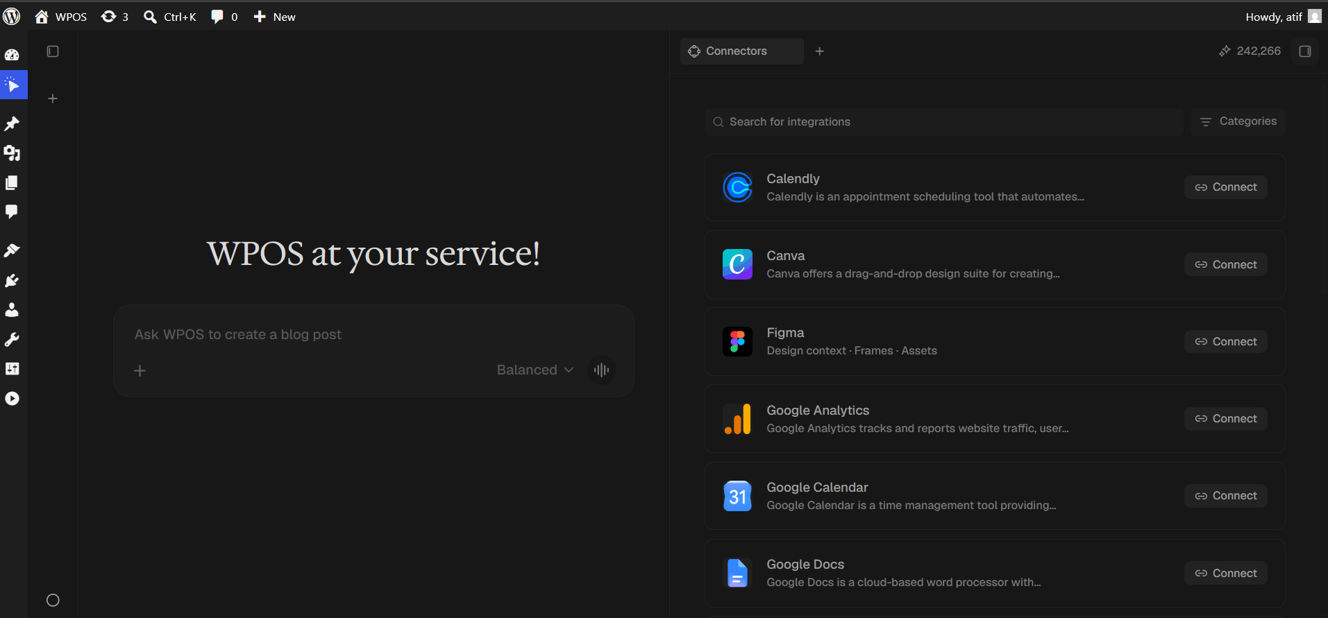 The WPOS Connectors panel listing Calendly, Canva, Figma, Google Analytics, Google Calendar, and Google Docs.
