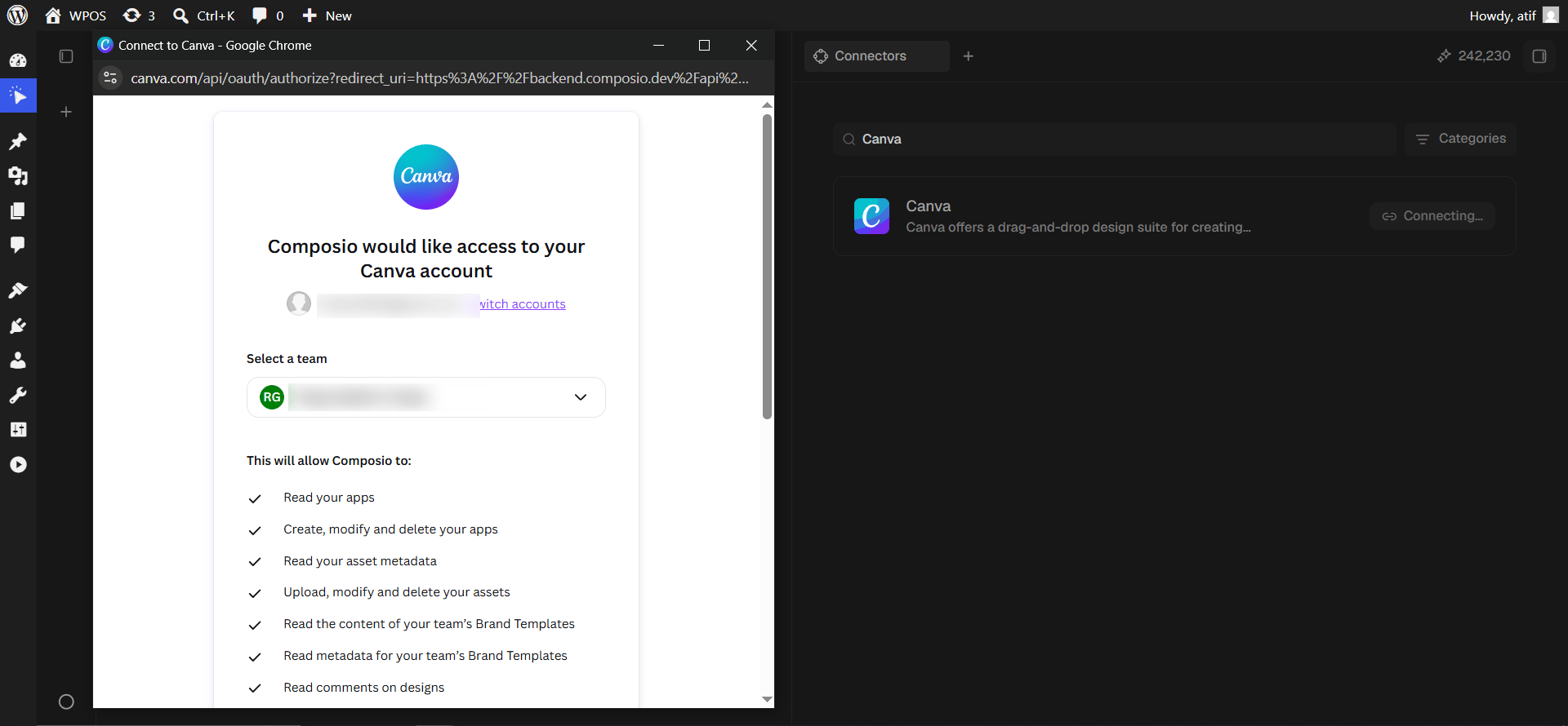 Canva's authorization screen showing the signed in account and a team selector.