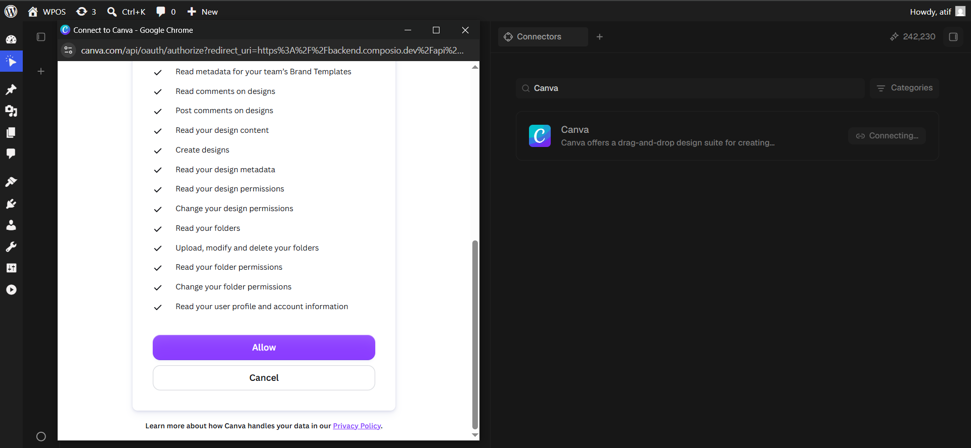 Canva's permission list with an Allow button.
