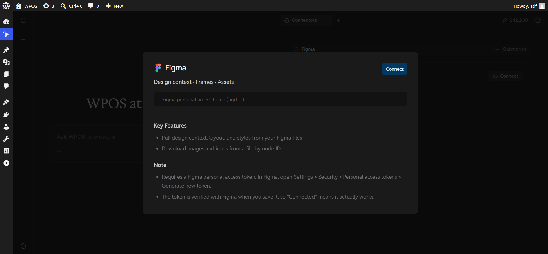 The WPOS Figma panel with an empty personal access token field.