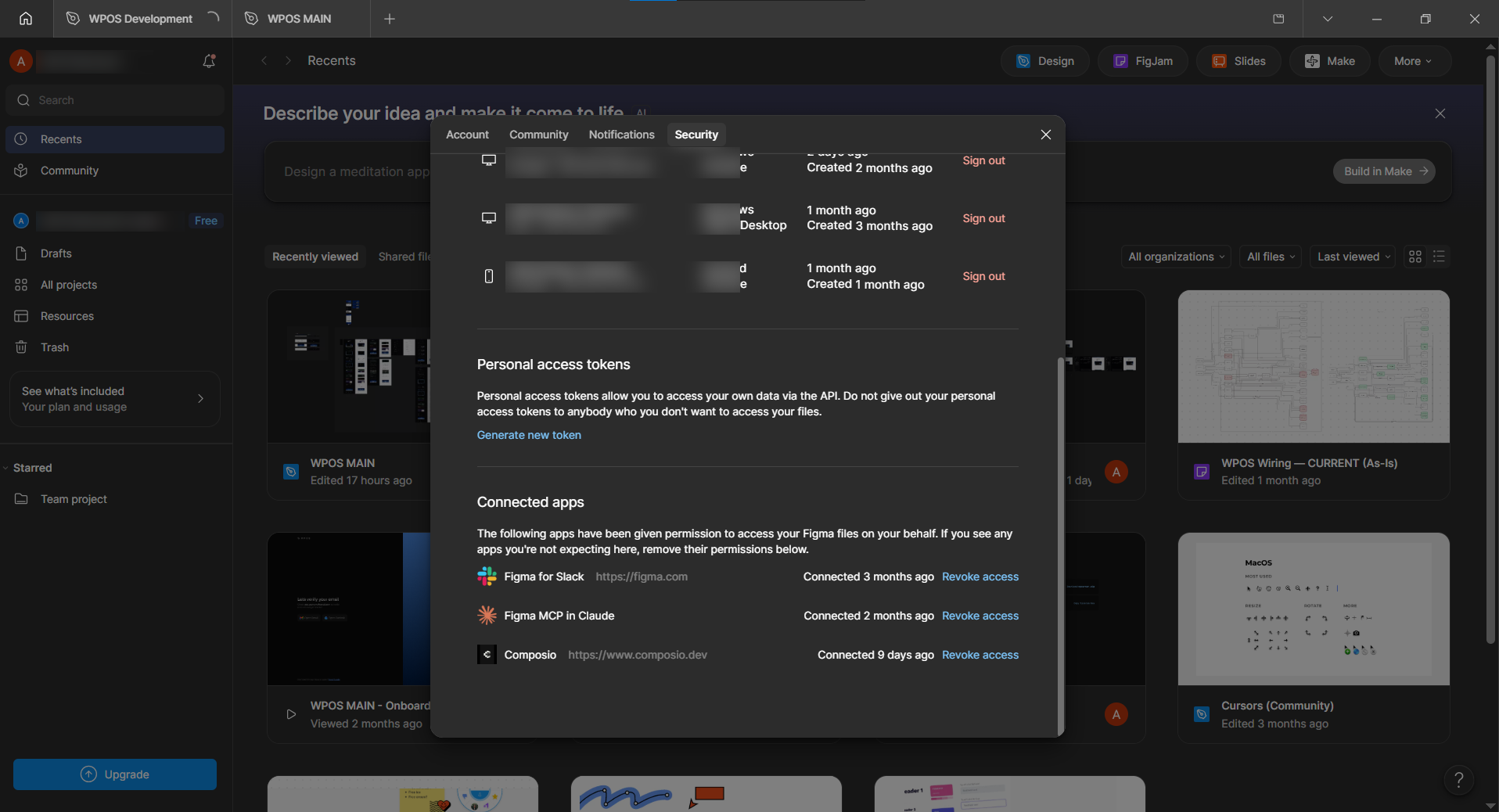 Figma's security settings showing the personal access tokens section with a Generate new token link.