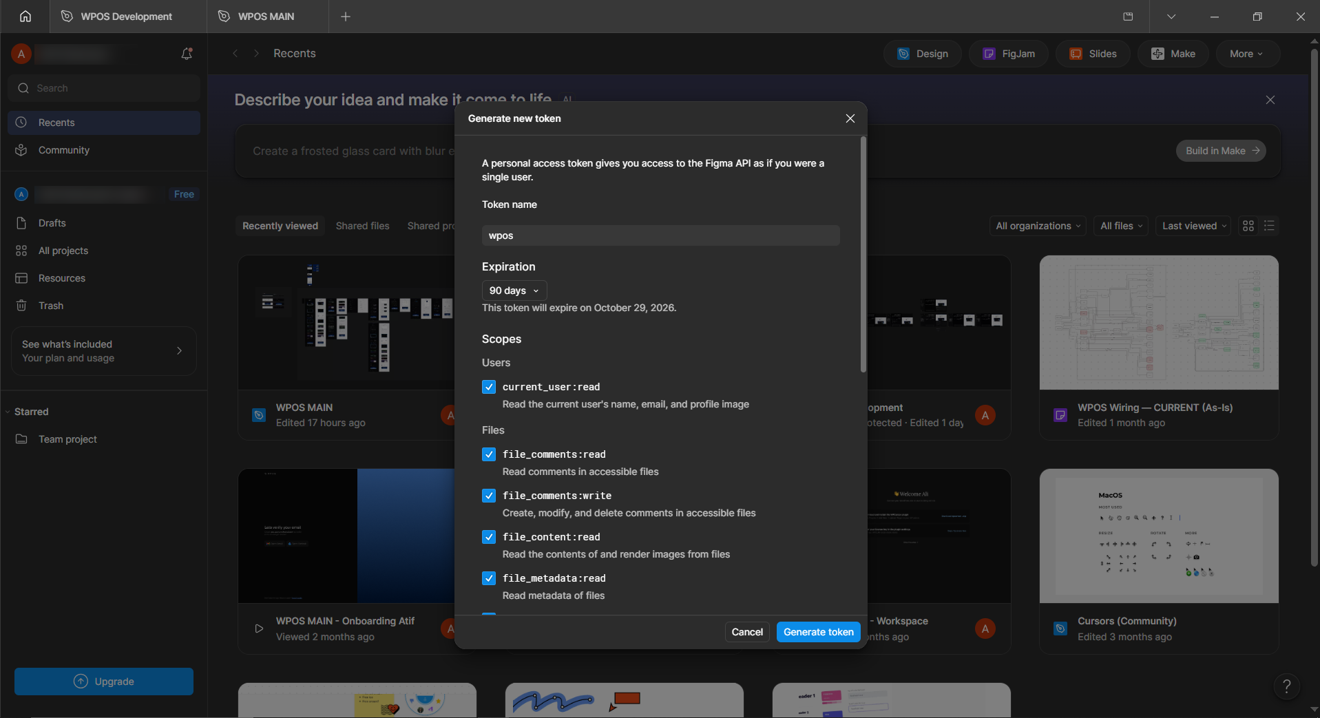 Figma's generate new token dialog with a name, expiration, and scope checkboxes.