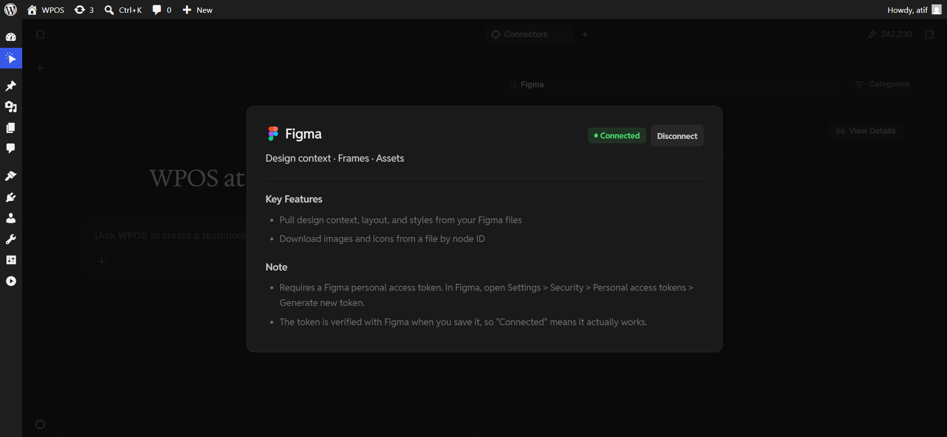 The Figma detail panel showing a Connected badge and a Disconnect button.