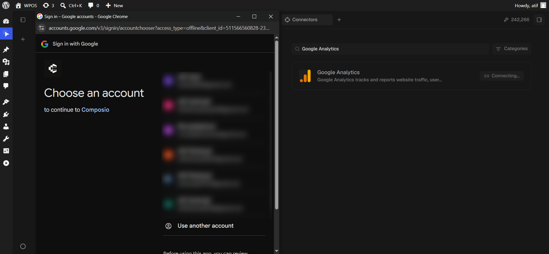 Google's account chooser, headed to continue to Composio.