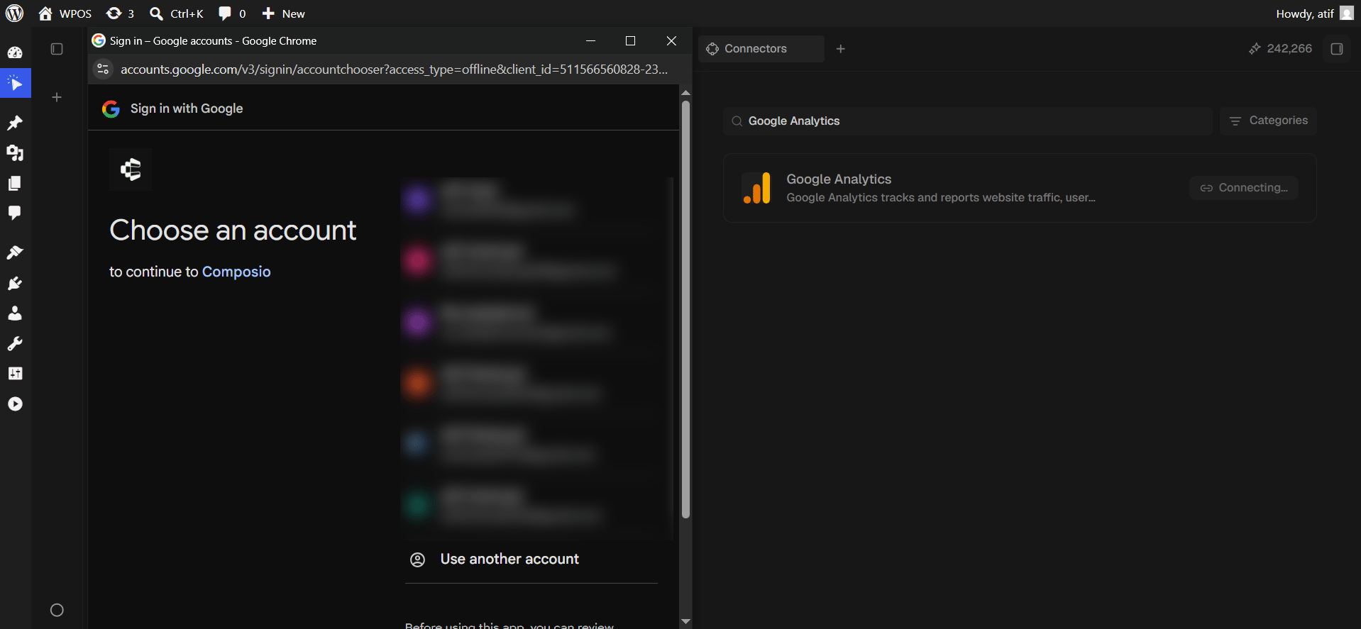 Google's account chooser, headed to continue to Composio.