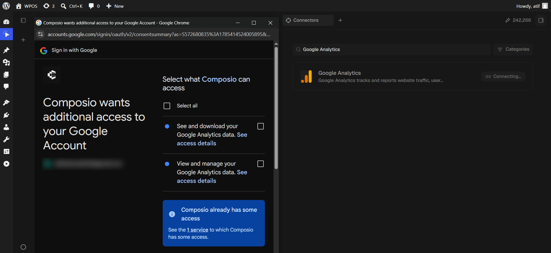 The Google consent screen listing two Analytics permissions with empty checkboxes.