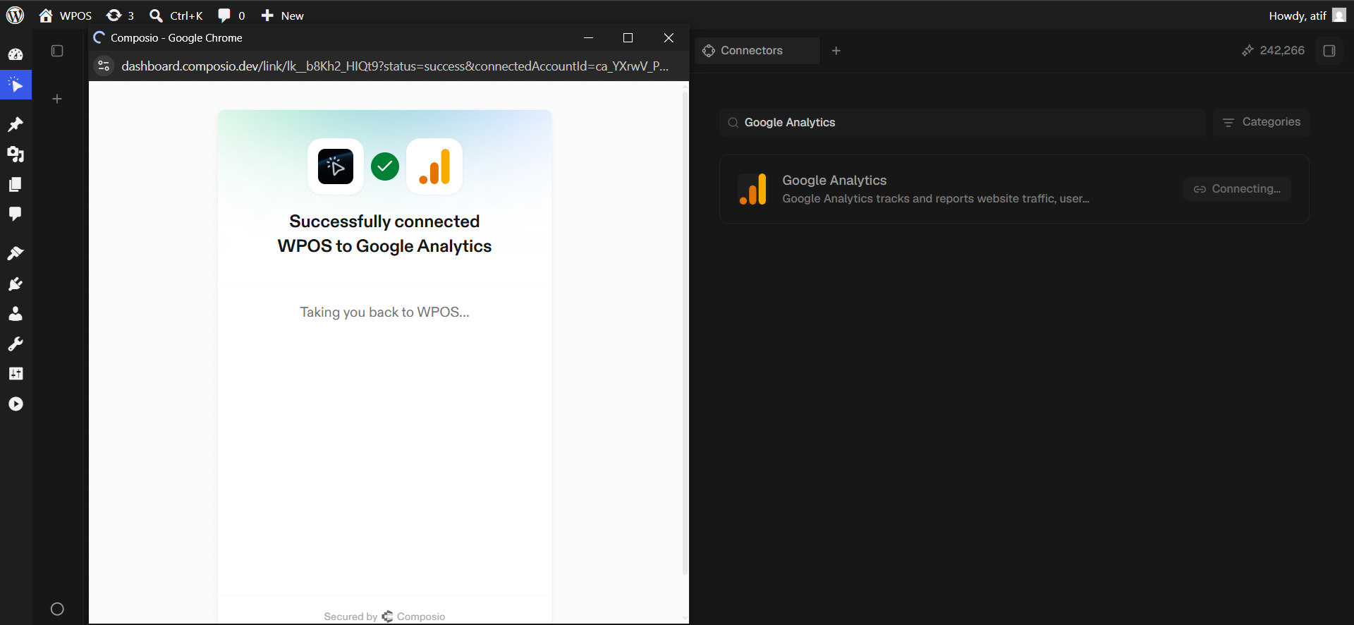 The Composio success page confirming WPOS is connected to Google Analytics.