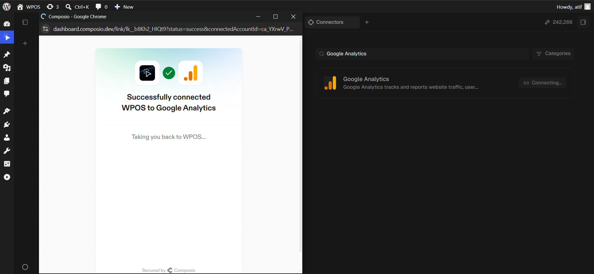 The Composio success page confirming WPOS is connected to Google Analytics.