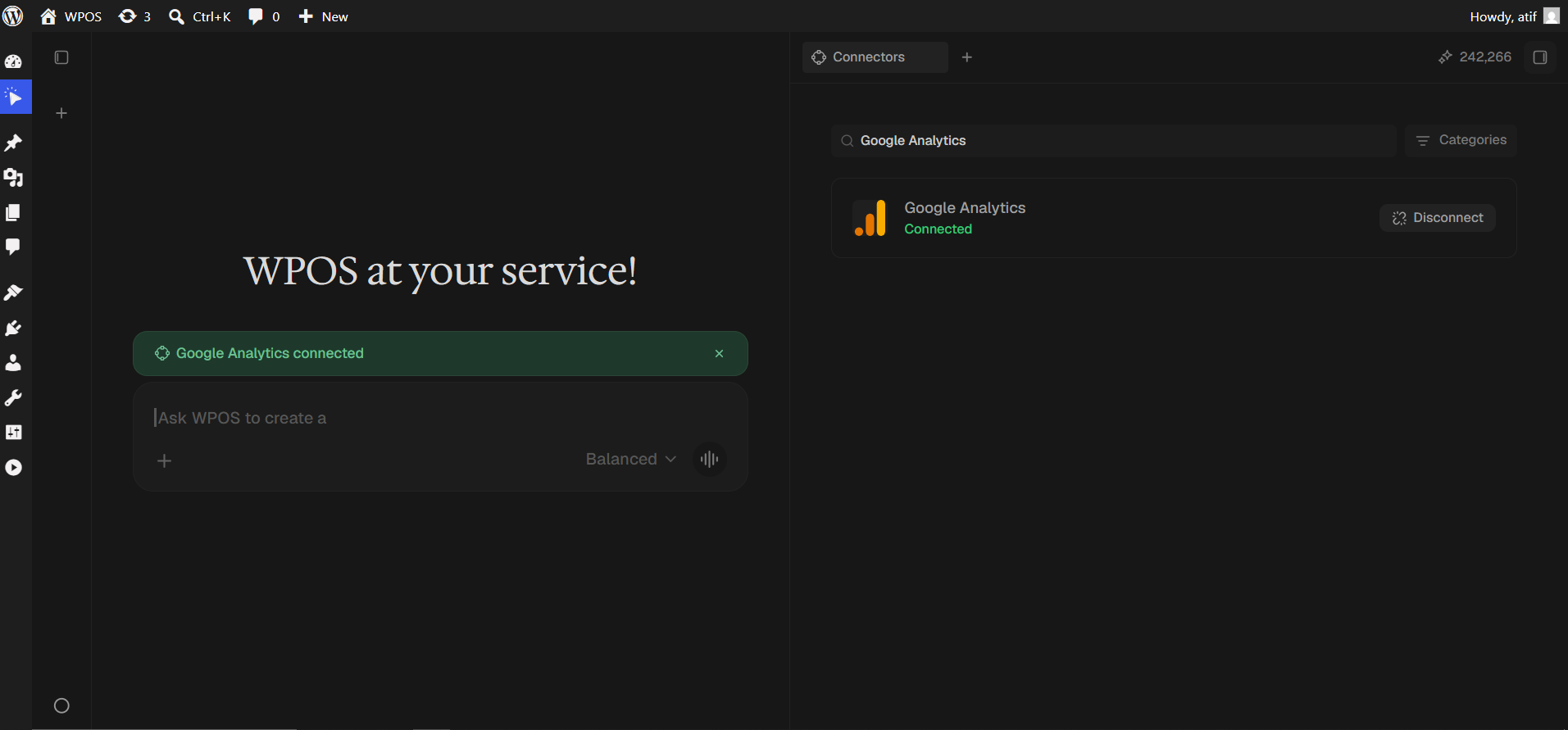The Google Analytics row showing Connected, with a green confirmation banner in the chat.