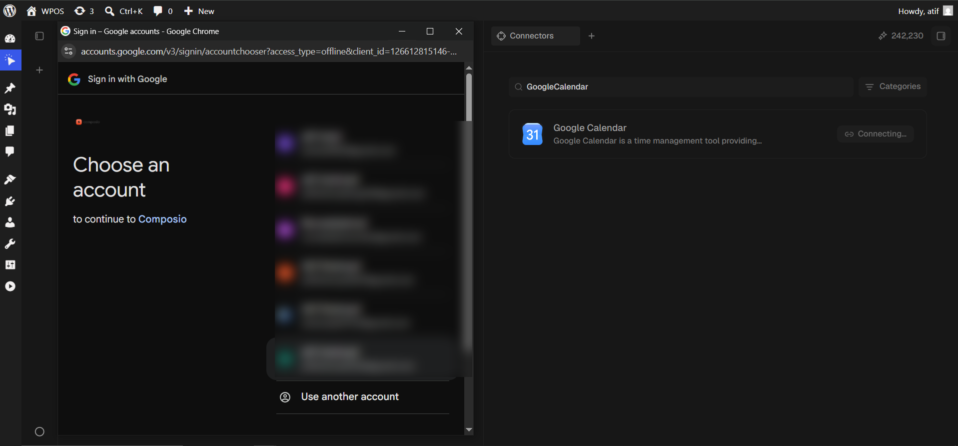 Google's account chooser, headed to continue to Composio.