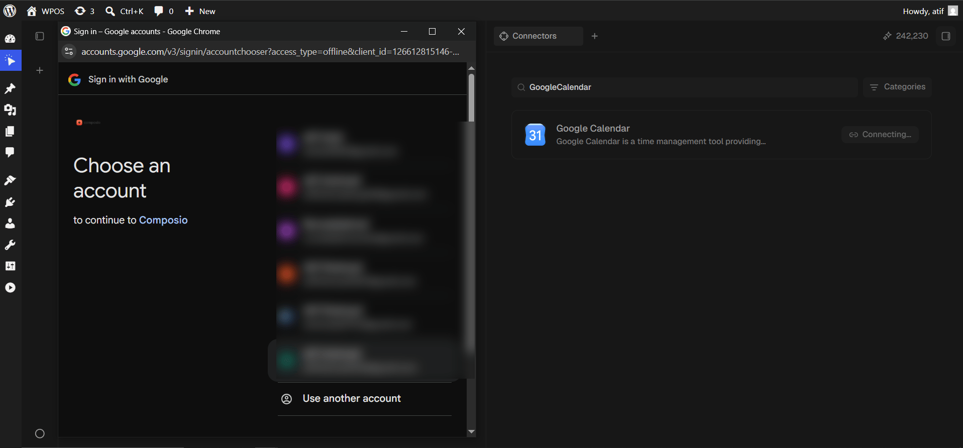 Google's account chooser, headed to continue to Composio.