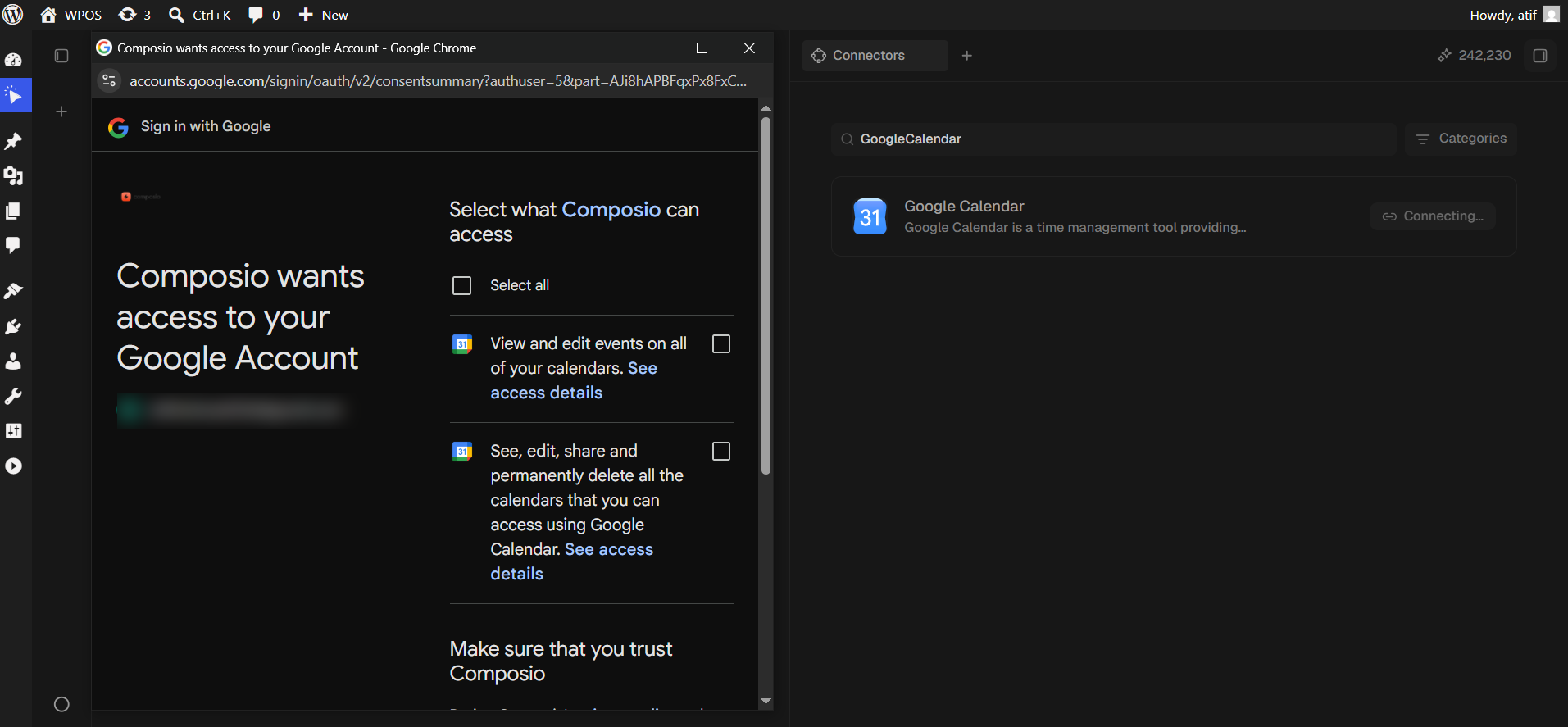 The Google consent screen listing two Calendar permissions with empty checkboxes.