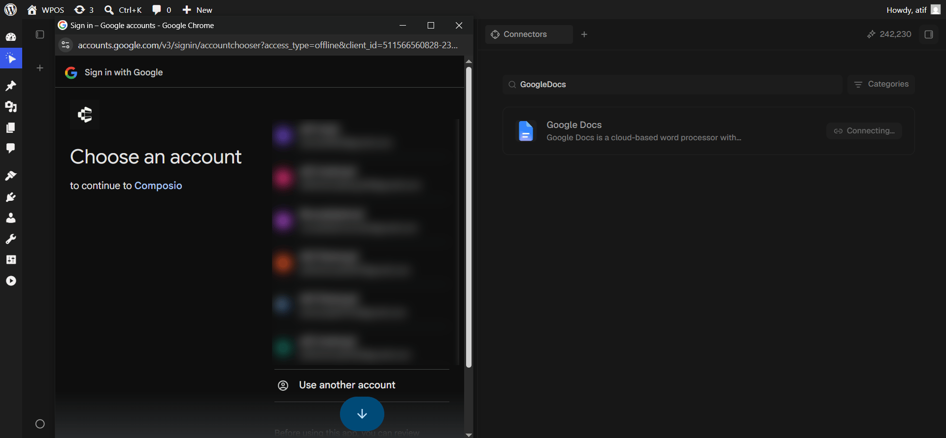 Google's account chooser, headed to continue to Composio.