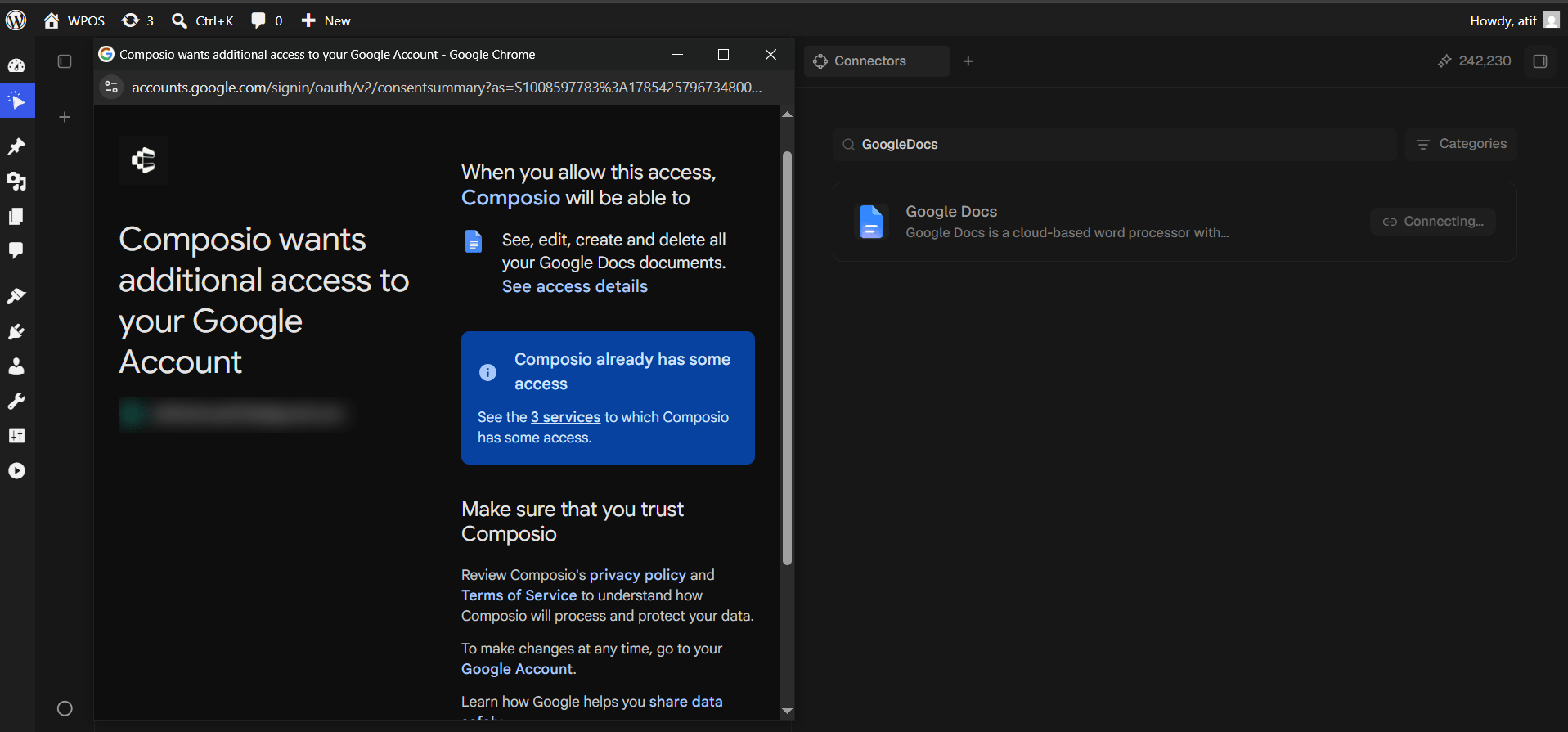The Google consent screen listing one Docs permission.