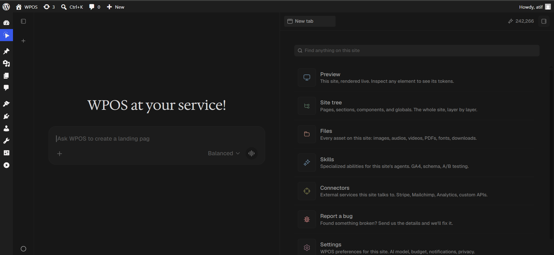 The WPOS launcher panel listing Preview, Site tree, Files, Skills, Connectors, and Settings.