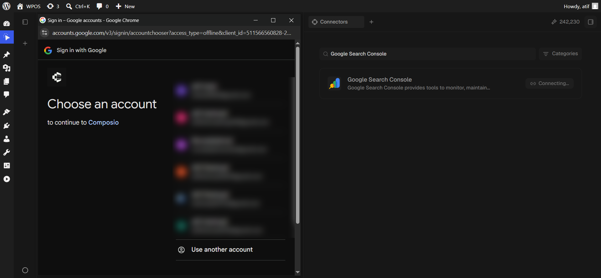 Google's account chooser, headed to continue to Composio.