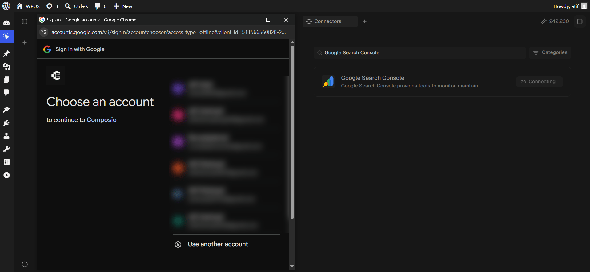 Google's account chooser, headed to continue to Composio.