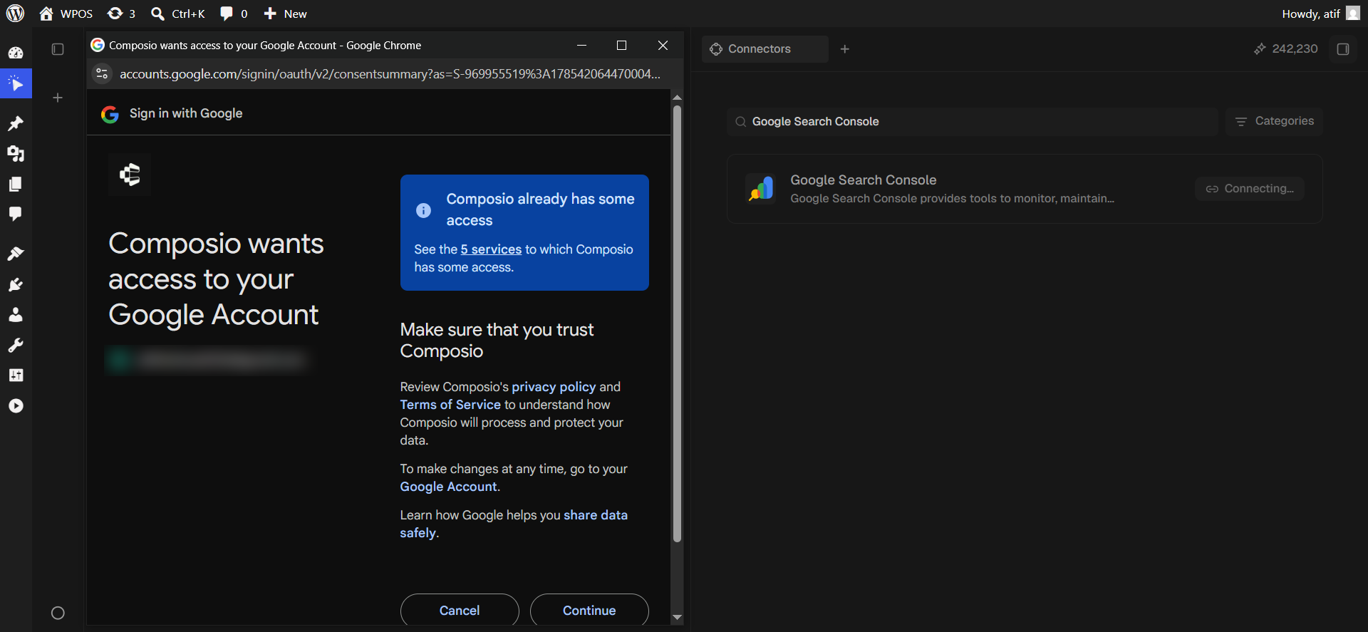 The Google consent screen showing Composio already has some access.
