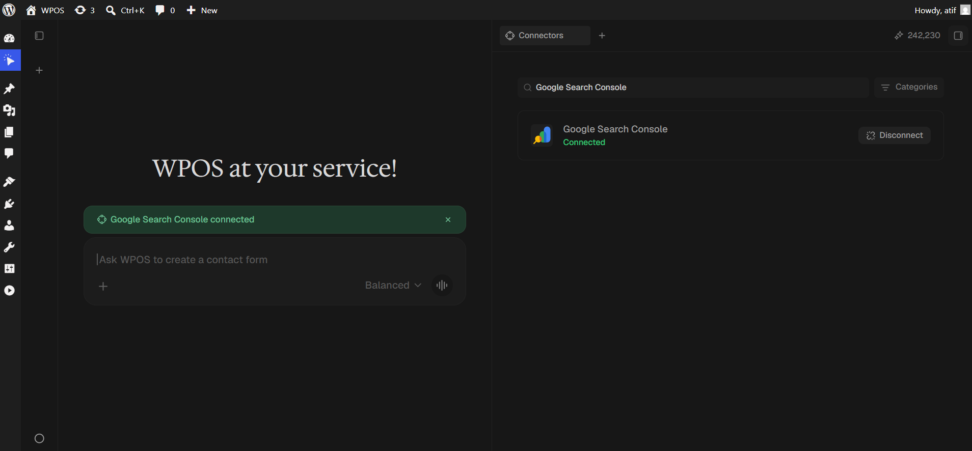 The Google Search Console row showing Connected.