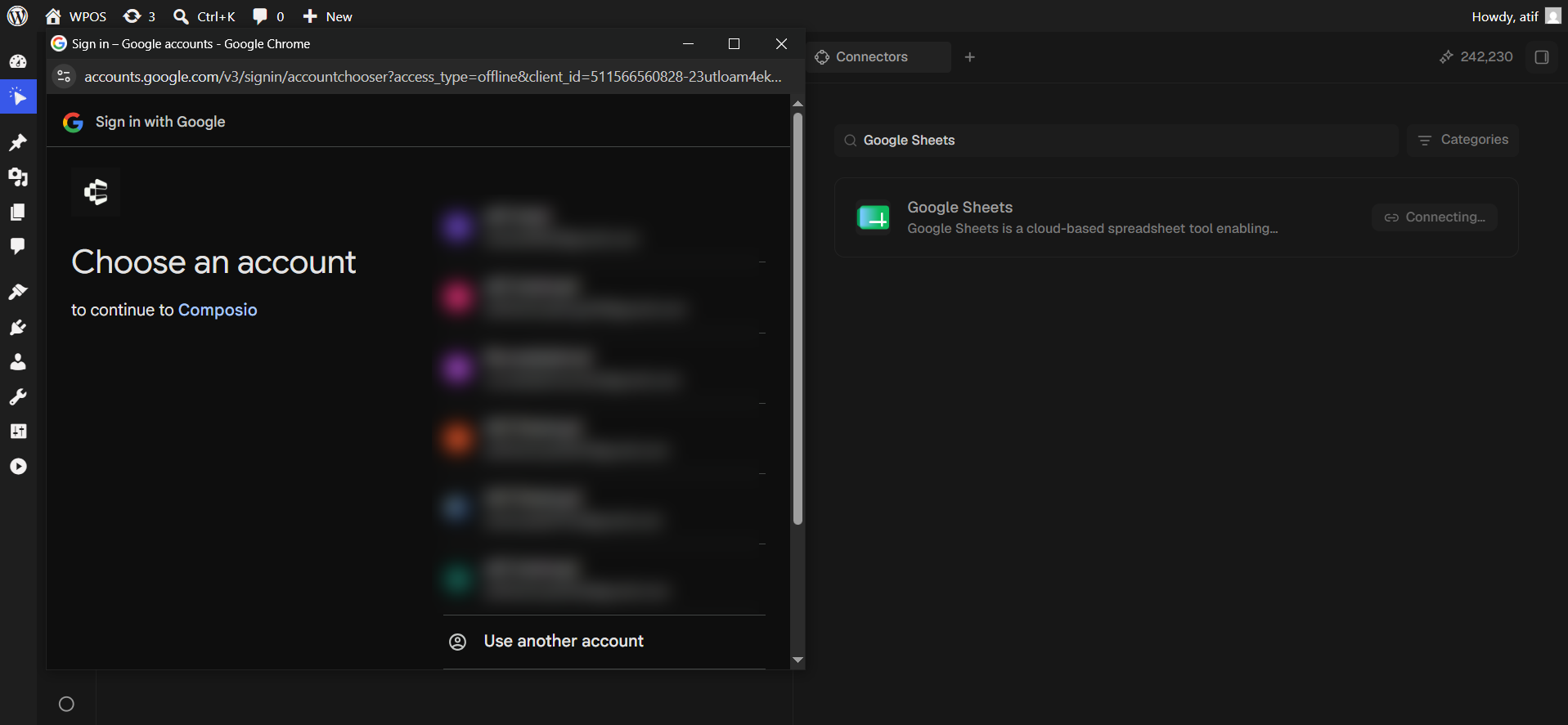 Google's account chooser, headed to continue to Composio.