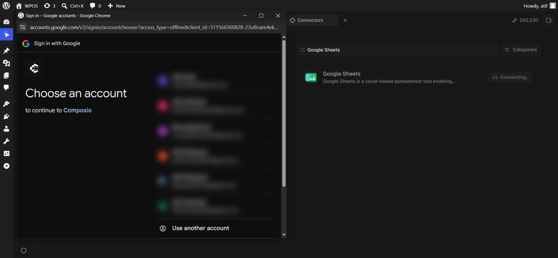 Google's account chooser, headed to continue to Composio.