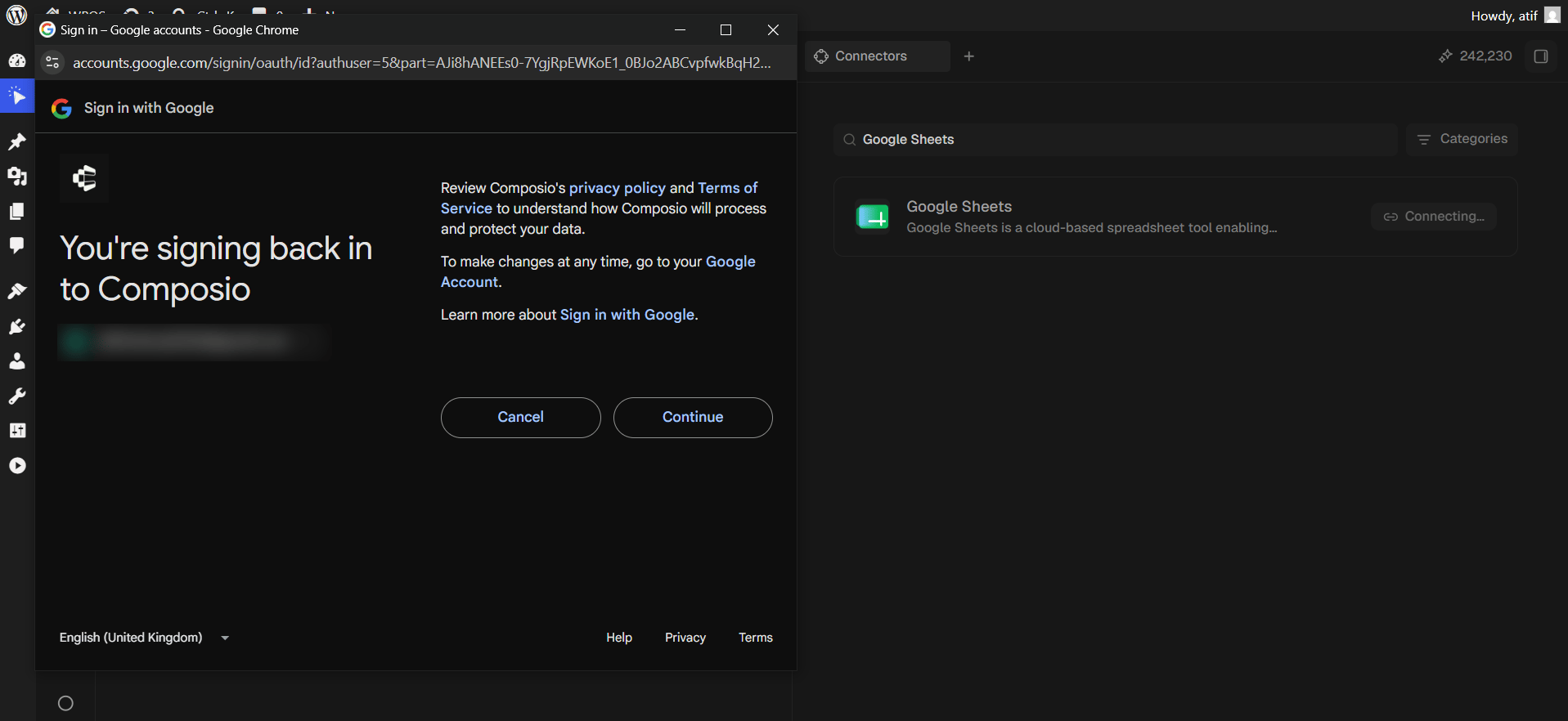 Google's signing back in to Composio screen.