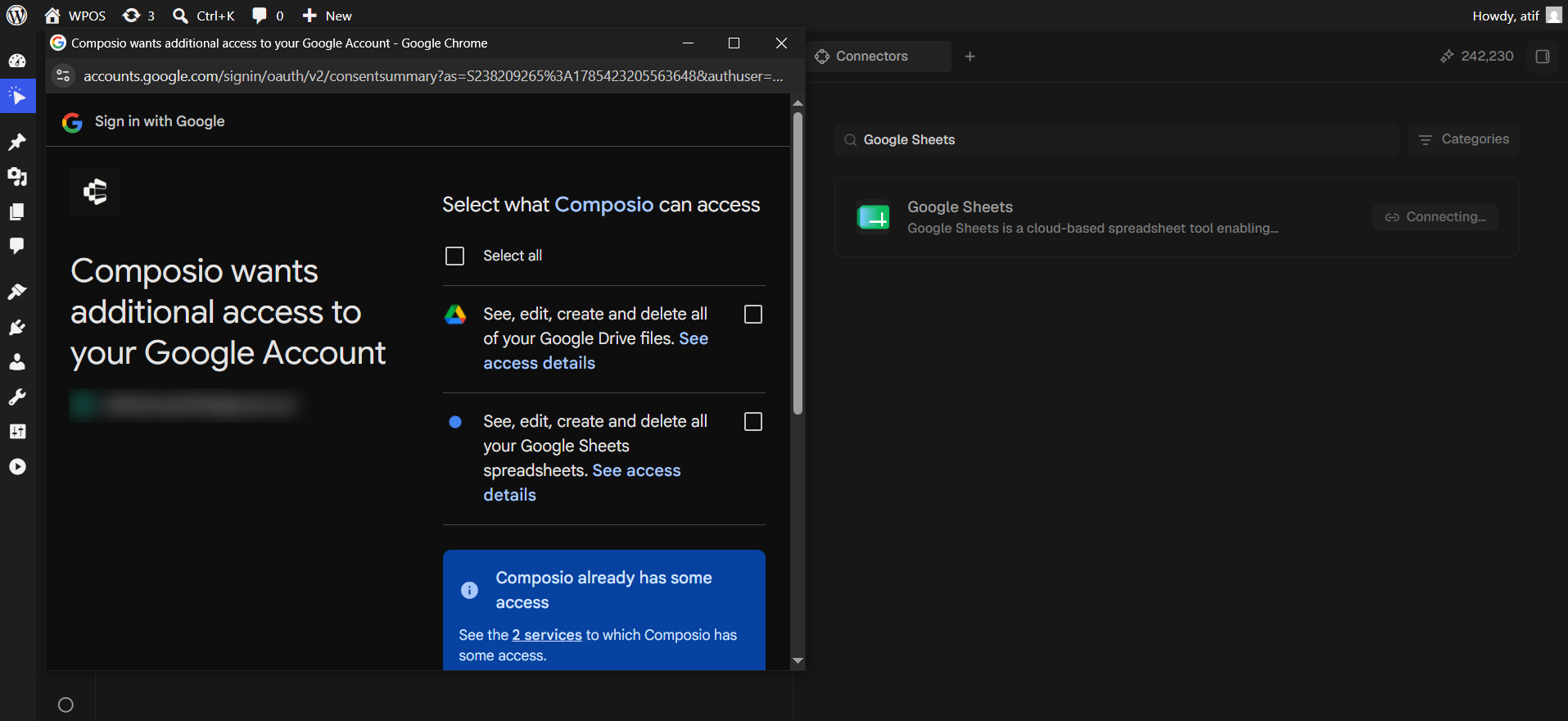 The Google consent screen listing Drive and Sheets permissions with empty checkboxes.