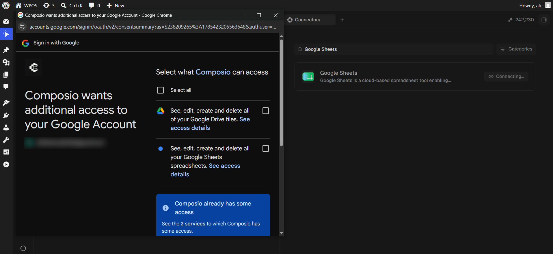 The Google consent screen listing Drive and Sheets permissions with empty checkboxes.