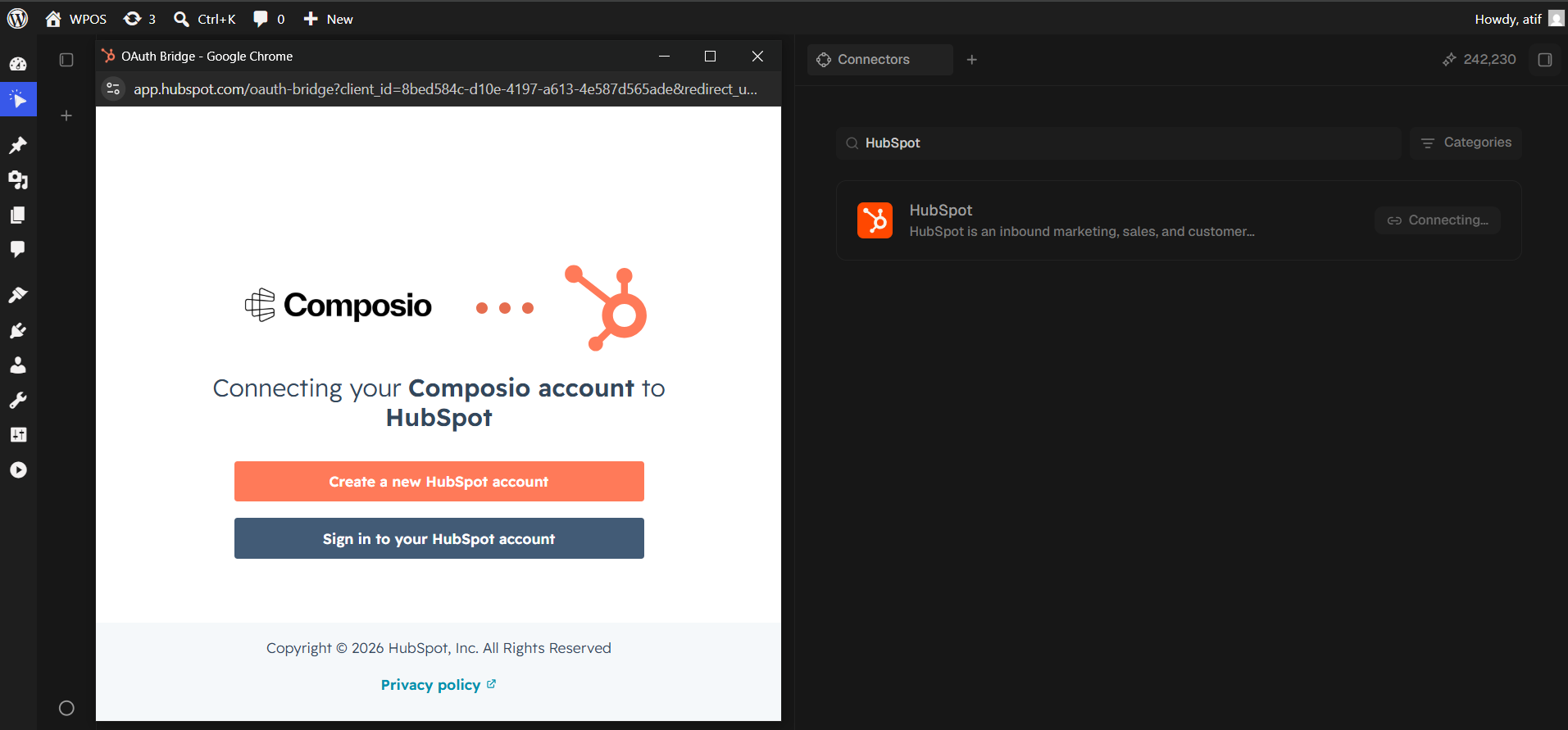 HubSpot's OAuth Bridge offering to sign in or create a new account.