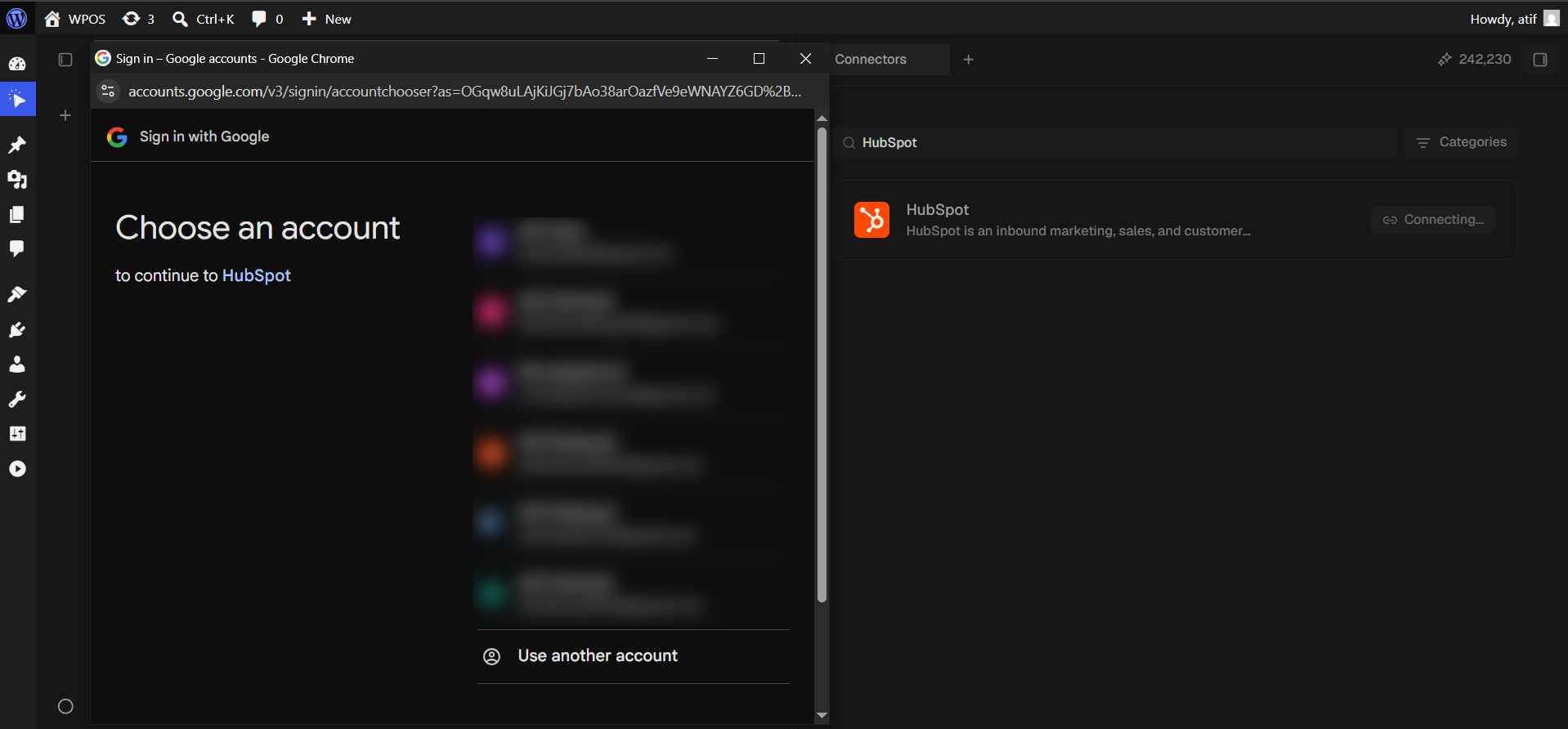 Google's account chooser, headed to continue to HubSpot.