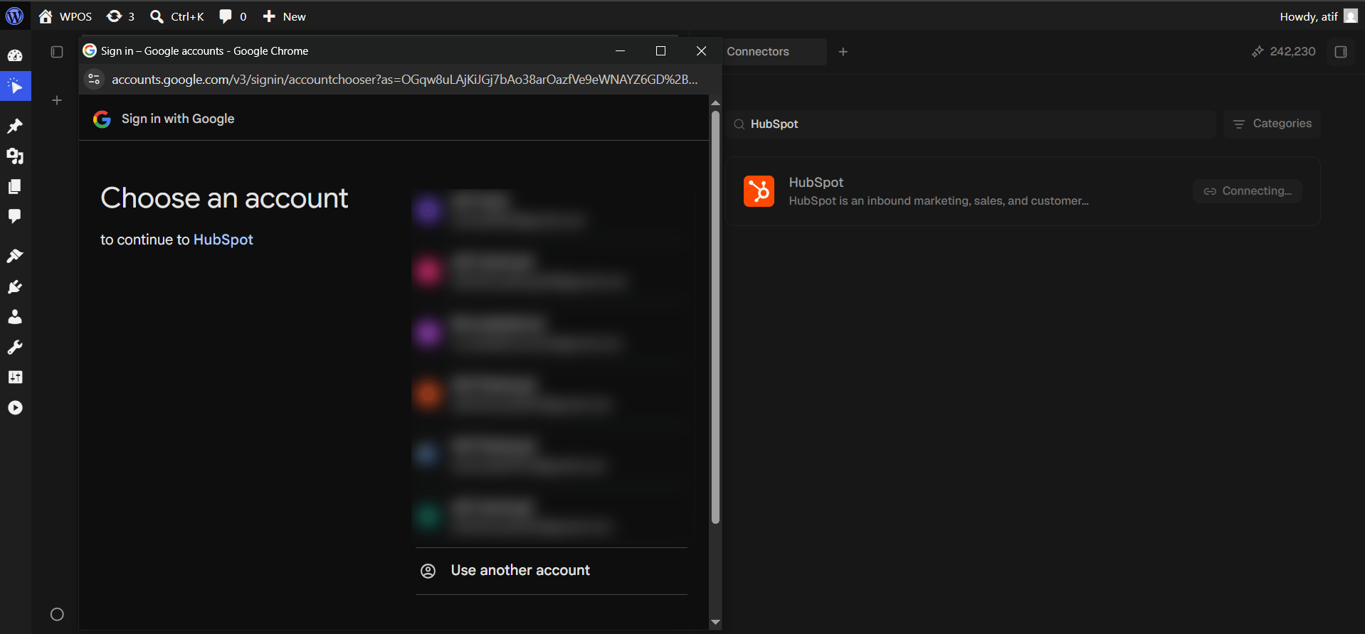 Google's account chooser, headed to continue to HubSpot.